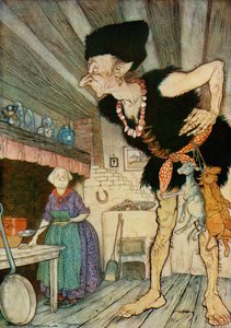 Fee fi fo fum I smell the blood of an Englishman, illustrasjon fra Jack and the Beanstalk fra English Fairy Tales Gjenfortalt av F.A. Steel, 1927